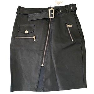 Black Faux Leather Zip High With Belt Waisted Mini Skirt Women Size S